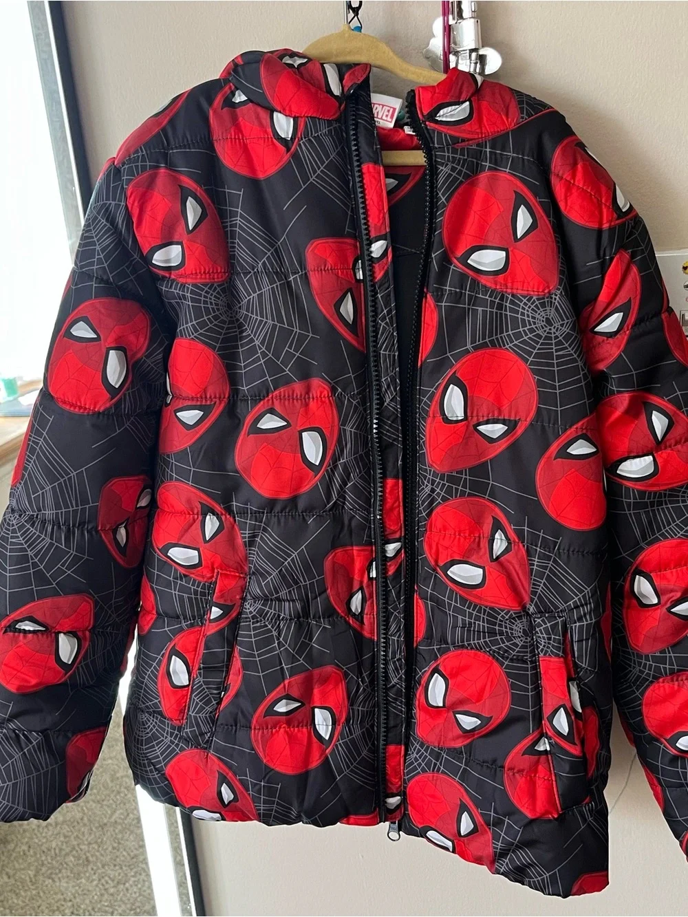 Marvel Black Puffer Jacket with Red Spider-Man Face Print